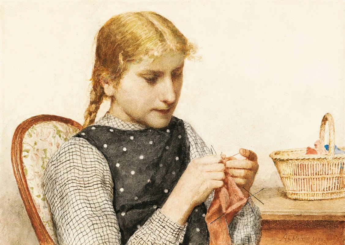 针织女孩`Strickendes Mädchen (1910) by Albert Anker