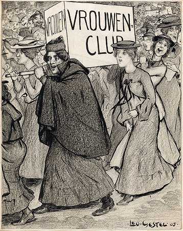 女子游行`女子俱乐部`Optocht van vrouwen `Vrouwenclub (1905) by Leo Gestel