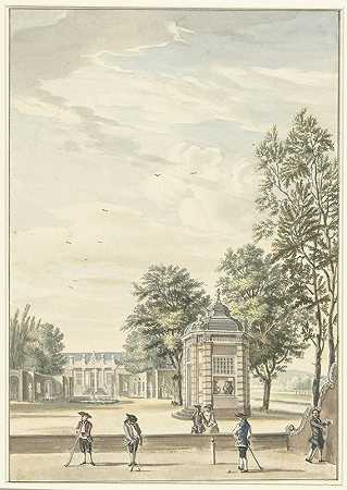 有四台抽水机的农场景观`Gezicht op een buitenplaats met vier kolfspelers (1706 ~ 1800) by Cornelis Troost