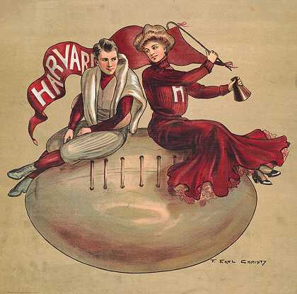 哈佛大学足球海报，展示男性球员和女性观众`Harvard football poster featuring male player and female spectator (1907) by F. Earl Christy