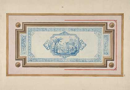 用中国蓝白图案装饰天花板的设计`Design for the decoration of a ceiling with a Chinese blue and white design (1830–97) by Jules-Edmond-Charles Lachaise