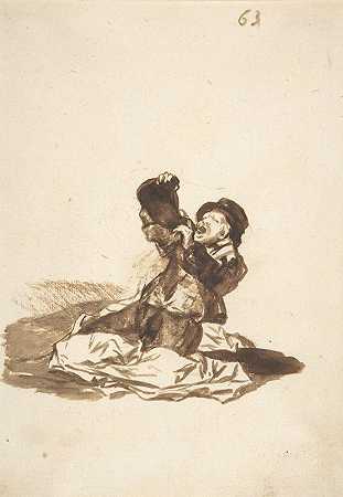 一个躺在地上喝葡萄酒的男人`A man on the ground drinking from a wine skin (ca. 1812–20) by Francisco de Goya