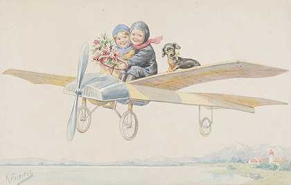 飞机上有两个孩子和一条腊肠`Two children and a dachshund on a plane by Karl Feiertag