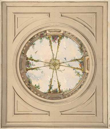 用云彩和格子画天花板的设计`Design for a ceiling painted with clouds and trellis work (19th Century) by Jules-Edmond-Charles Lachaise