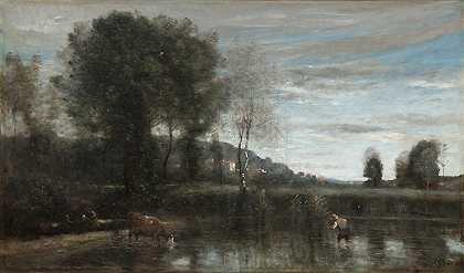 城市池塘-阿夫雷`Pond at Ville~dAvray (late 1860s) by Jean-Baptiste-Camille Corot