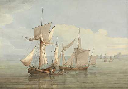 在平静的海面上与其他船只一起航行`A Hoy and a Lugger with other Shipping on a Calm Sea by John Thomas Serres