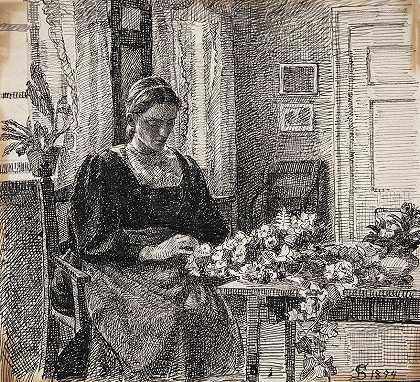 我的妻子（安娜·西伯格夫人）系着花圈`Min hustru (fru Anna Syberg) binder krans (1893 ~ 1894) by Fritz Syberg