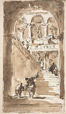 建筑幻想大楼梯上的人物`Architectural Fantasy; Figures on a Grand Staircase (1712–93) by Francesco Guardi