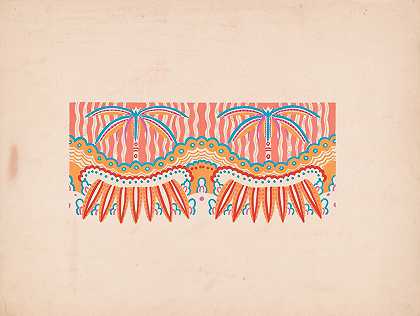 带有几何图案的图案织物或壁纸设计。]【室内壁画色彩研究，热带主题，棕榈树】`Graphic textile or wallpaper designs with geometric patterns.] [Interior; mural color study, tropical theme with palm trees (1910) by Winold Reiss