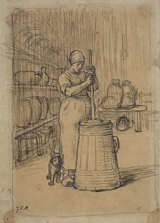 女性搅拌黄油的研究`Study for Woman Churning Butter (1855 ~ 1856) by Jean-François Millet