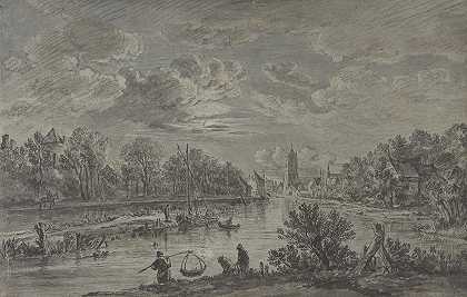 月光下的一条河，背景是渔民和一座城镇`Moonlit view of a river with fishermen and a town in the background (mid~18th–late 18th century) by Karel La Fargue
