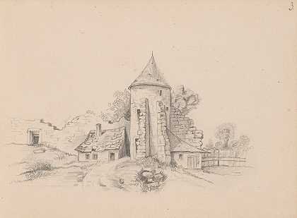 有塔楼的城堡墙的废墟`Ruins of a castle wall with tower (1880~1881) by Stanisław Wyspiański