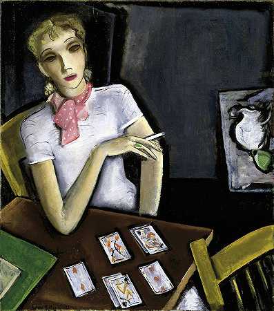 拿着卡片的女孩`Girl with Cards (1933) by Lucius Kutchin