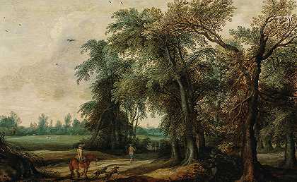 有猎人的森林景观`A wooded landscape with hunters by Willem van den Bundel