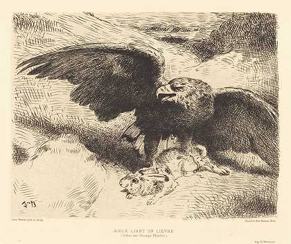鹰绑野兔（鹰推兔子）`Aigle Liant un Lièvre (An Eagle Pouncing on a Hare) by Léon Bonnat