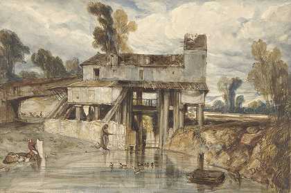 水磨景观`Landschap met watermolen (1813 ~ 1860) by Alexandre-Gabriel Decamps