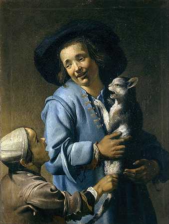 玩猫的年轻人`Youths playing with the cat (1620 ~ 1625) by Abraham Bloemaert