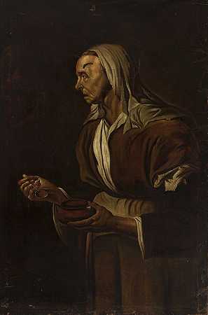 一位拿着碗的老妇人的肖像`Portrait of an old woman with a bowl by Pietro Bellotti