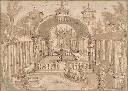 宫殿花园景观`View of the Gardens of a Palace (mid~16th–early 17th century) by Lodewijk Toeput