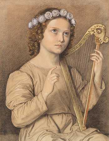 带着竖琴的花环女孩（圣塞西莉亚）`Blumenbekränztes Mädchen mit Harfe (Heilige Cäcilie) (1850) by Marie Ellenrieder