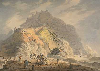 斯卡伯勒城堡悬崖下的沉船`Scarborough; Shipwreck at the Foot of the Castle Cliff (ca. 1808) by Francis Nicholson
