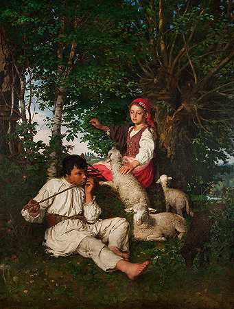 森林中的一对牧羊人——田园诗`Pair of shepherds in the forest – Idyll (1879) by Kazimierz Pochwalski