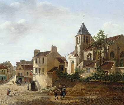 景观圣日耳曼查隆教堂`Vue de léglise Saint~Germain~de~Charonne (1836) by Etienne Bouhot
