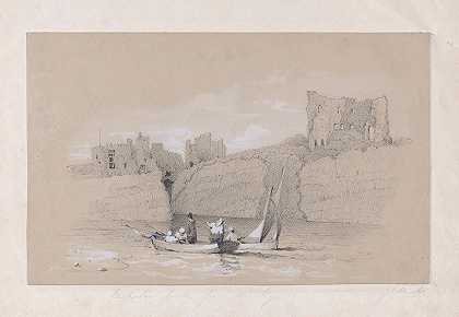 威尔士切普斯托城堡，怀伊河畔`Chepstow Castle, Wales from the River Wye (1830–60) by Lilburne Hicks