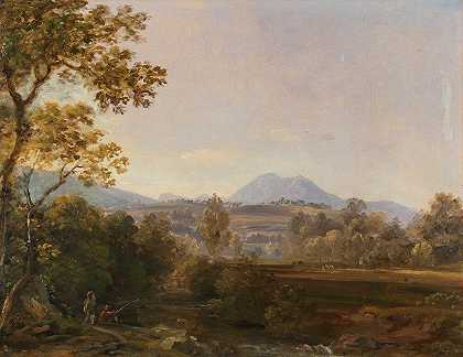 德国南部的徒步旅行者景观`Süddeutsche Landschaft mit Wanderern (Ca. 1820~30) by Johann Georg von Dillis