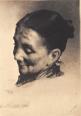 一位年长妻子的头，向下凝视，面朝左侧`Hoved af en ældre kone med nedadrettet blik, vendt mod venstre (1864 ~ 1917) by Frans Schwartz