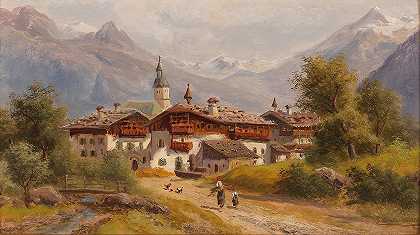萨尔茨堡Pinzgau村`Village in Pinzgau, Salzburg by Gustav Barbarini