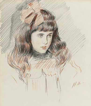 艺术家艾伦·赫勒的肖像她女儿`Portrait of Ellen Helleu, the artists daughter by Paul César Helleu