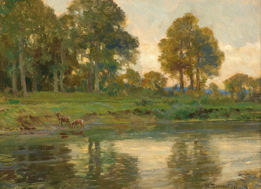 马鹿`Red Deer by a Pond at Sunset (1934) by a Pond at Sunset by Hugo Darnaut