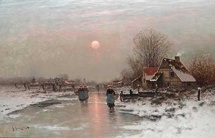 日落时分，荷兰农民在结冰的水道上`Dutch peasants on a frozen waterway at sundown by Johann Jungblut