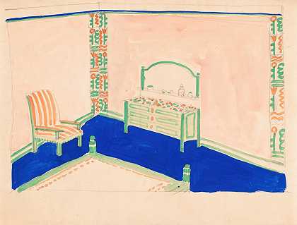 [不明房间的室内设计图纸。][绿色和橙色房间的草图`[Interior design drawings for unidentified rooms.] [Sketch for room colored green and orange (1910) by Winold Reiss