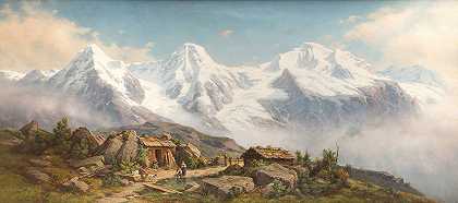 少女峰、莫恩奇和艾格山被白雪覆盖`Mountains Jungfrau, Moench and Eiger covered in snow (1854) by Johann Wilhelm Lindlar