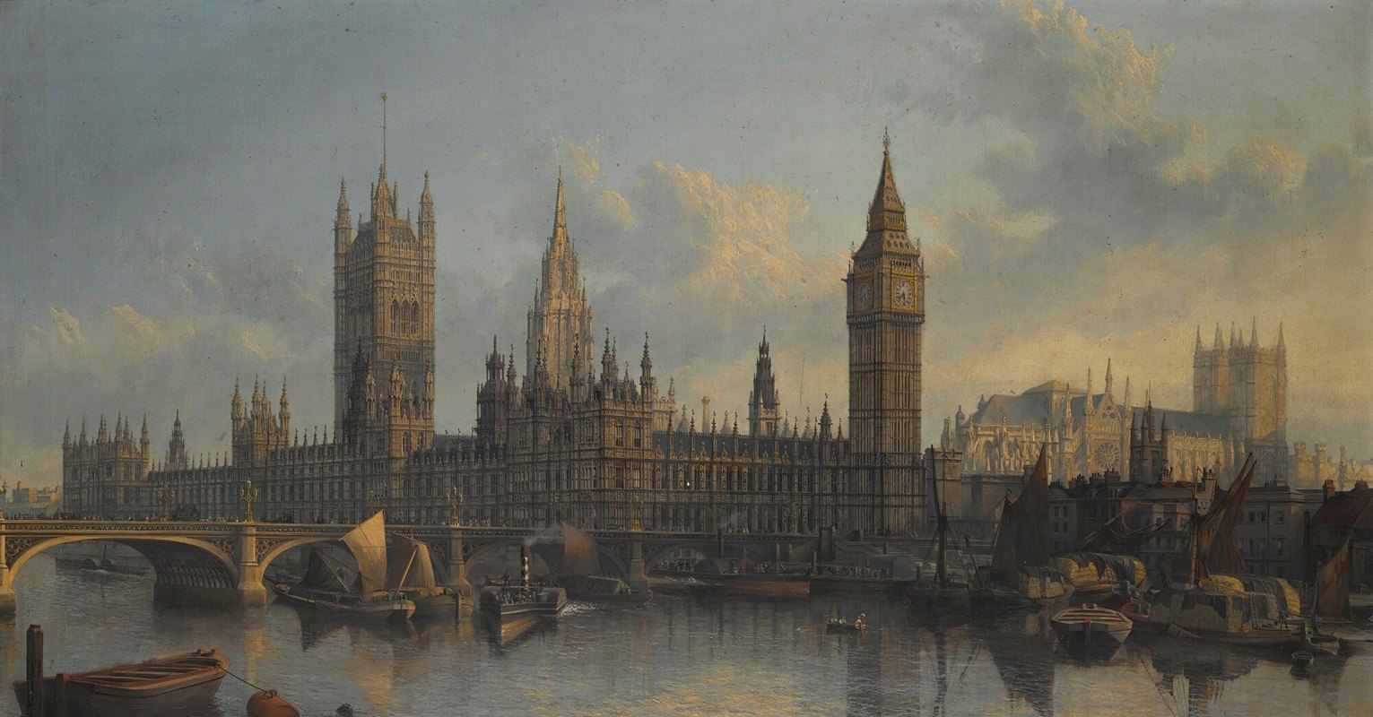 泰晤士河畔的威斯敏斯特宫`The Palace Of Westminster From The Thames (1867) by John MacVicar Anderson