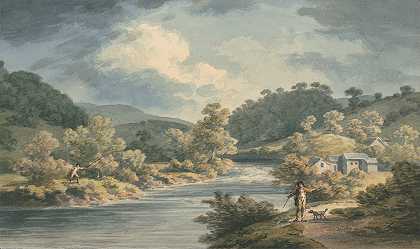 一名渔夫在米福德谷，鲍伊斯公主宫殿所在地`A Fisherman in the Vale of Myfod, Site of the Palace of the Princess of Powis by John Warwick Smith