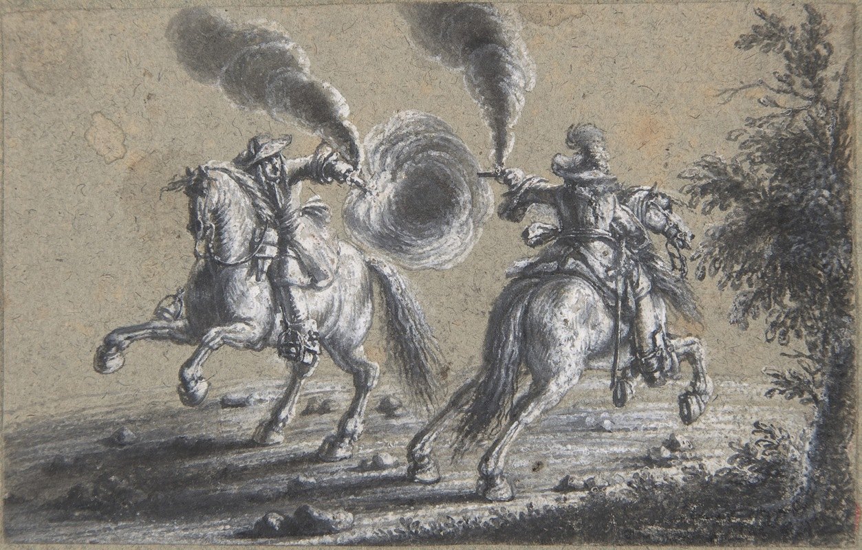 两个骑手互相射击`Two Horsemen Shooting at Each Other (1600–1677) by Heinrich Werdmüller