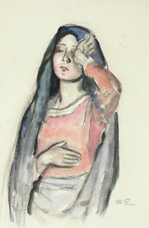 玛丽，波里教堂圣母院彩色玻璃窗的素描`Mary, sketch for the stained glass window Ave Maria in Pori Church by Magnus Enckell