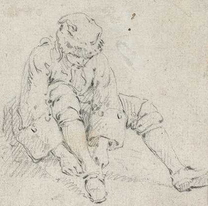 穿鞋子的男人`Man Pulling on His Shoe (1761~1763) by Jean-Baptiste Le Prince