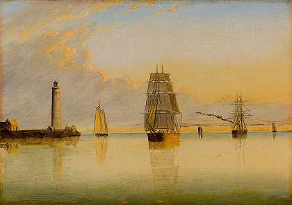 早安波士顿之光`Morning off Boston Light (1879) by Clement Drew