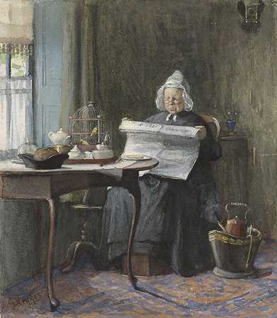 一个女人在看报纸`Interieur met een vrouw die de krant leest (1854 ~ 1927) by Gerke Henkes