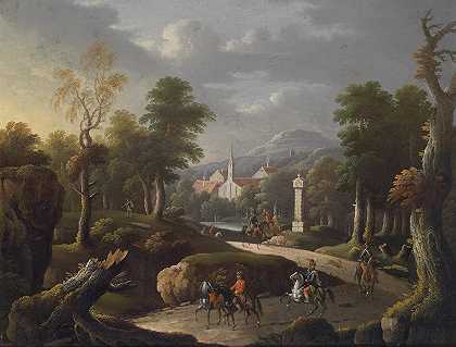 游客云集的山景`Bergige Landschaft mit Reisenden (1703) by Johann Georg von Bemmel