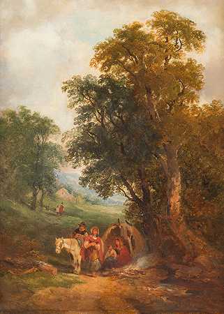 人们休息的风景`Landscape with people resting (1850) by Joseph Horlor