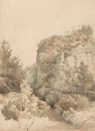 有一块高高的岩石和一条小溪的山谷`Begroeid dal met een hoge rots en een beek (1827 ~ 1897) by Lodewijk Johannes Kleijn