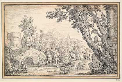 谢泼德在古典风景中的舞蹈`Sheperd’s Dancing in Classical Landscape (1713) by Paul van Somer