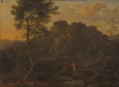 仙女和牧羊人在风景中作曲`Nymph and Shepherd Making Music in a Landscape (c. 1685) by Abraham Genoels