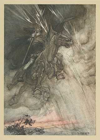 怒吼着，沃坦骑着马来到岩石上，像暴风一样，他来了！`Raging, Wotan Rides to the rock, like a storm~wind he comes! (1910) by Arthur Rackham