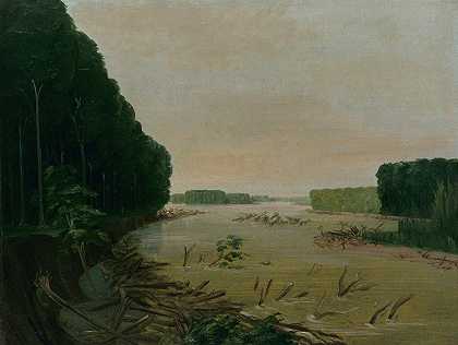 密苏里州的风景，冲积河岸崩塌，圣路易斯上空600英里`View On The Missouri, Alluvial Banks Falling In, 600 Miles Above St. Louis (1832) by George Catlin